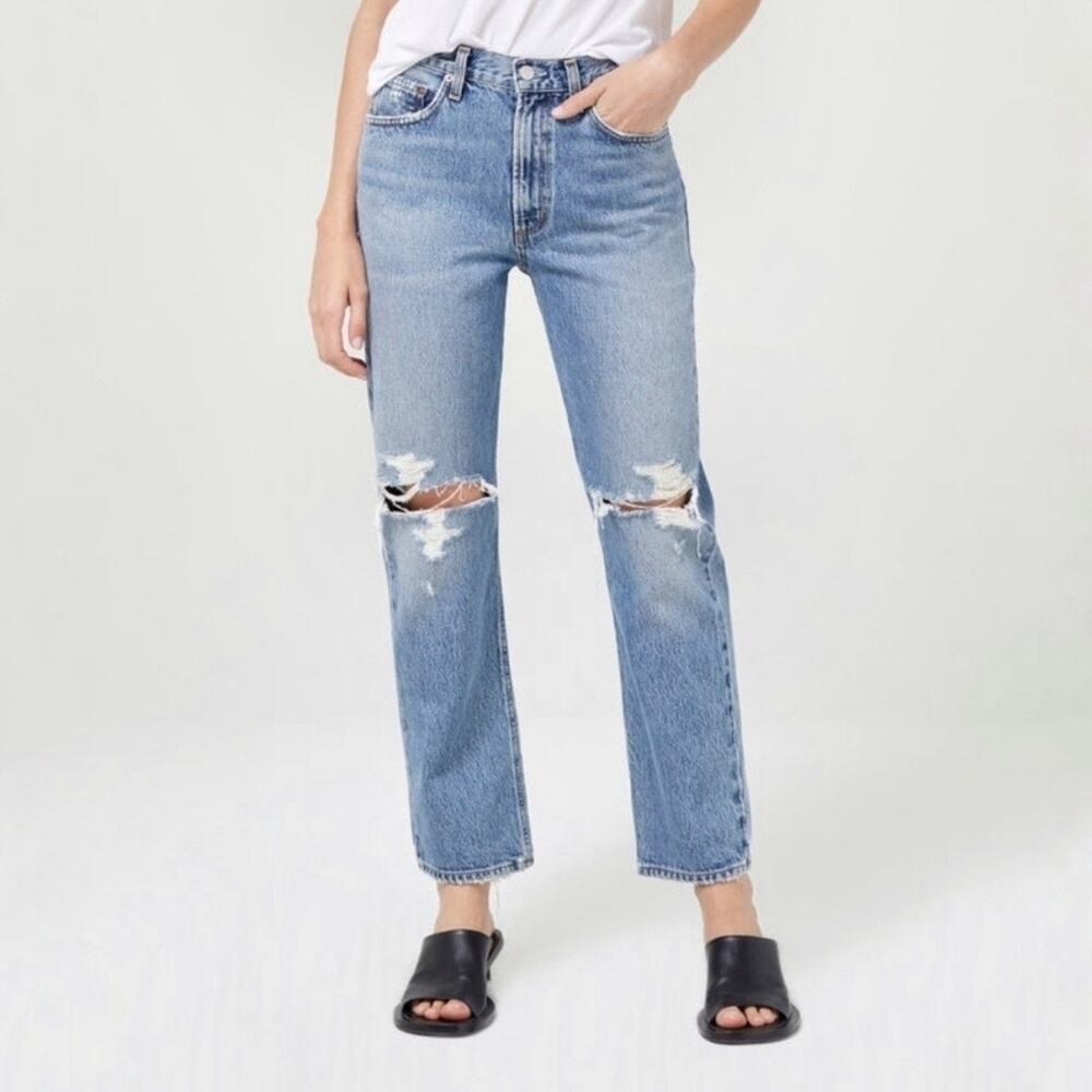 AGOLDE Blue Mia Mid Rise Distressed Straight Leg Jeans Sz 26